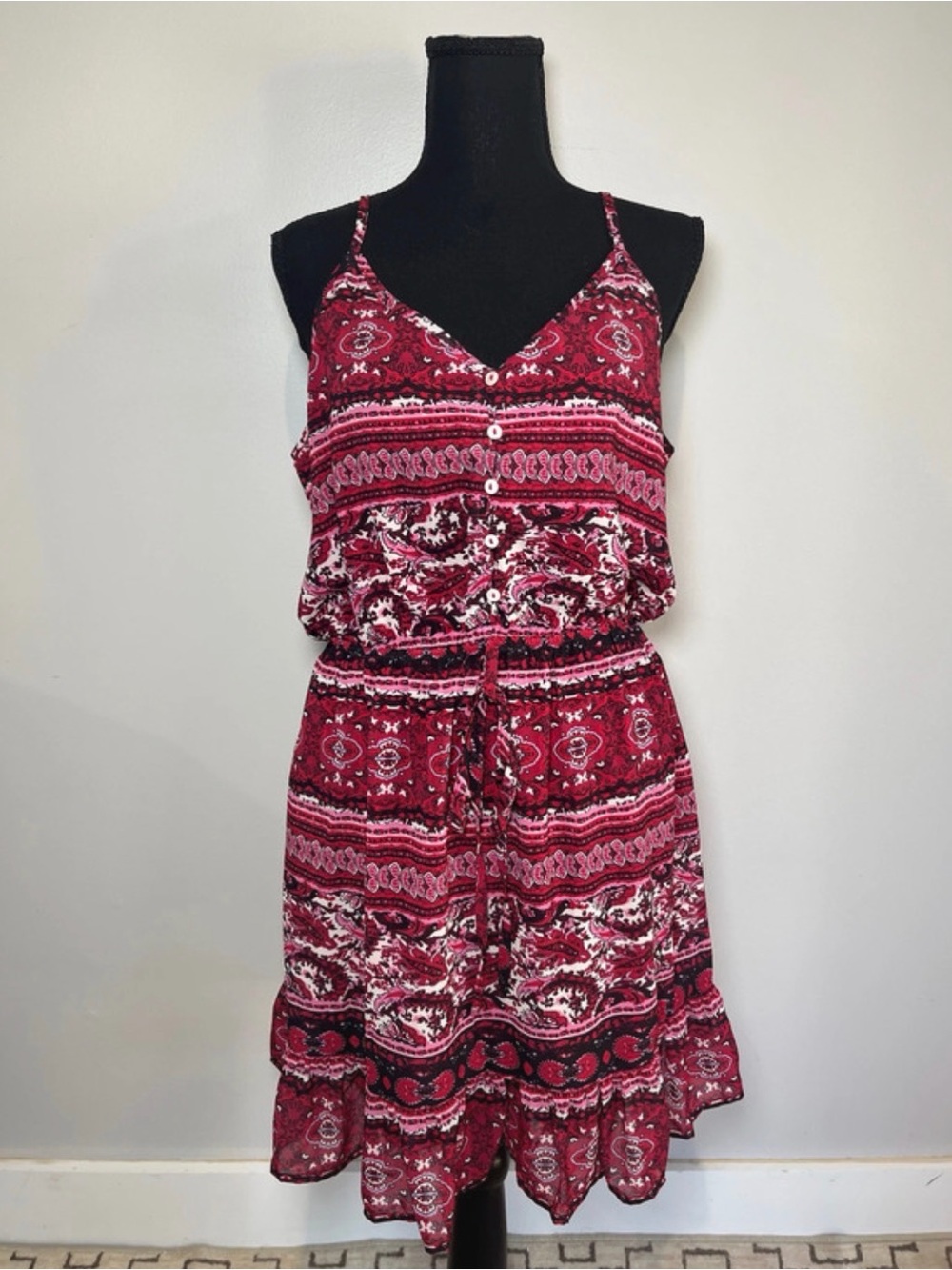 YOINS Pink-Red Printed Spaghetti Strap Mini Dress